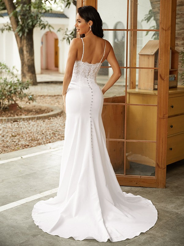 Sheath/Column Stretch Crepe Lace V-neck Sleeveless Sweep/Brush Train Wedding Dresses