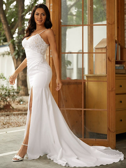 Sheath/Column Stretch Crepe Lace V-neck Sleeveless Sweep/Brush Train Wedding Dresses