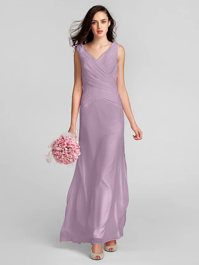 Sheath / Column Bridesmaid Dress V Neck Sleeveless Floor Length Chiffon with Criss Cross