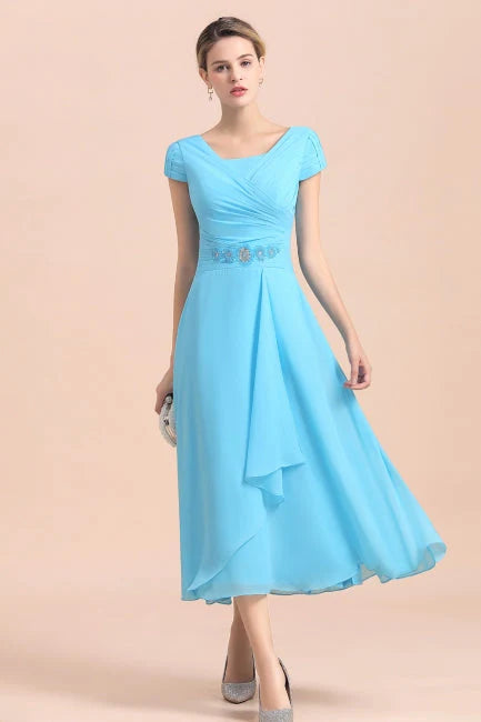 Elegant Blue Short Sleeves Chiffon Mother of the Bride Dress Tea-Length Online