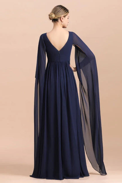 Navy Long Sleeve Floor-length Chiffon Mother Of the Bride Dress With Ruffles Online