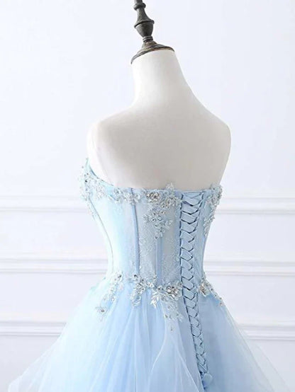 A-Line Sexy Floral Engagement Prom Birthday Dress Strapless Sleeveless Sweep / Brush Train Lace with Pleats Lace Insert