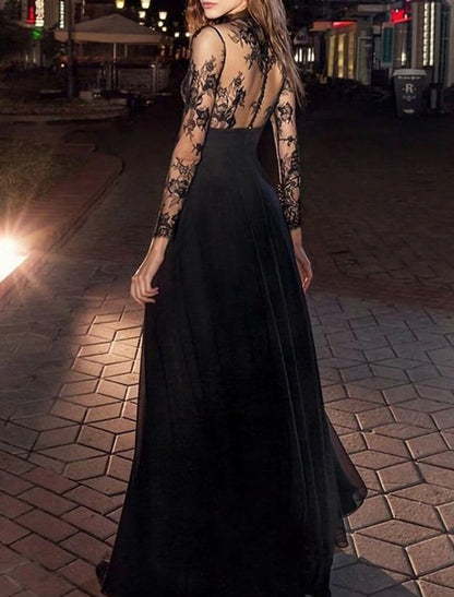 A-Line Evening Gown Vintage Dress Masquerade Floor Length Long Sleeve High Neck Chiffon with Appliques