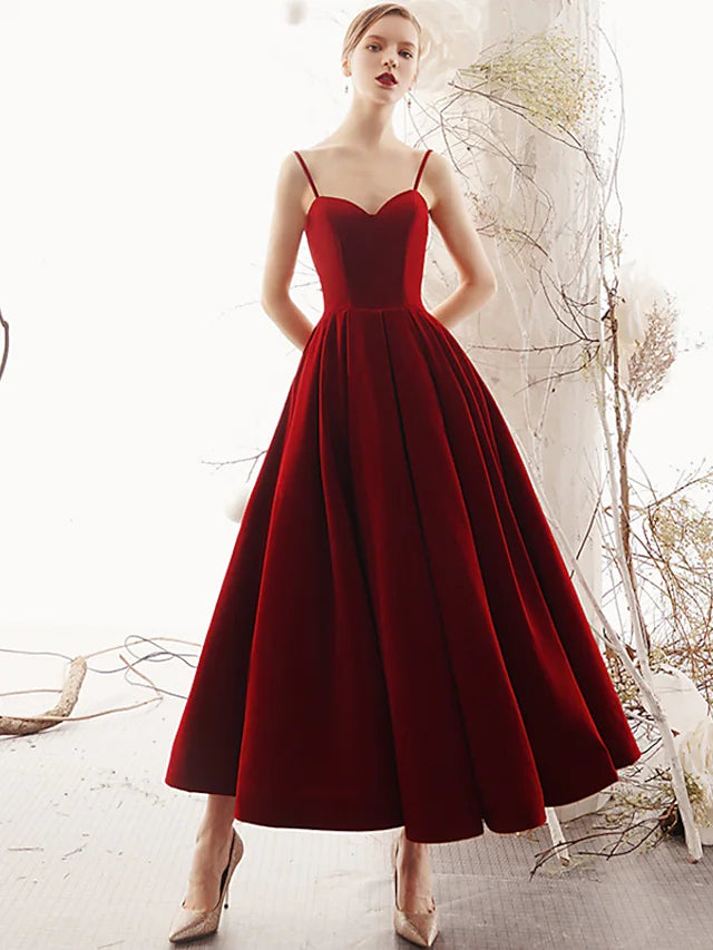 A-Line Prom Dresses Beautiful Back Dress Party Wear Ankle Length Sleeveless Spaghetti Strap Velvet with Sleek Pleats