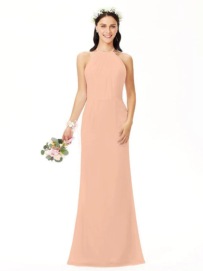 Sheath / Column Bridesmaid Dress Jewel Neck Sleeveless Elegant Floor Length Chiffon with Pleats