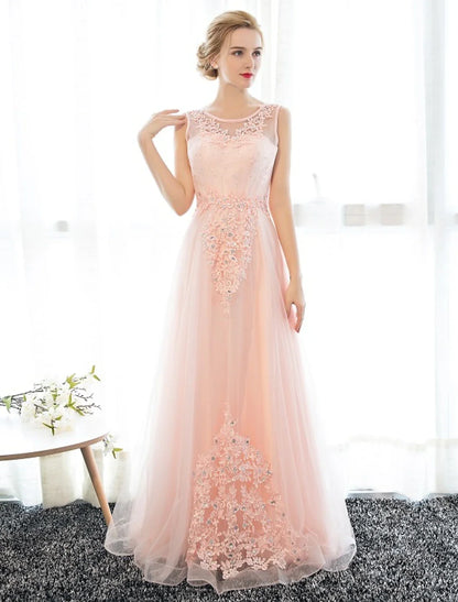 Sheath / Column Dress Wedding Guest Floor Length Sleeveless Illusion Neck Satin with Crystals Appliques