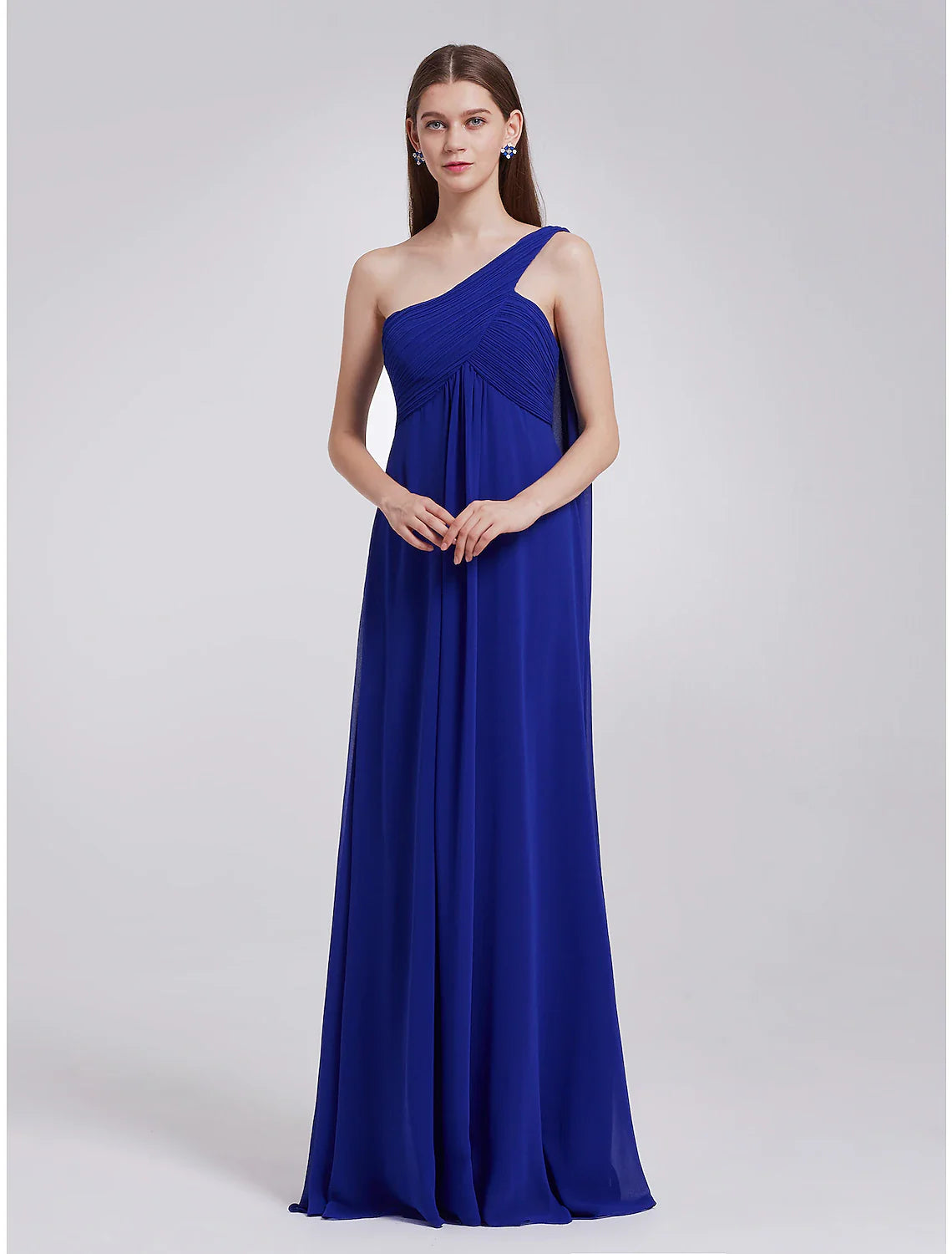 A-Line Evening Gown Empire Dress Formal Evening Floor Length Sleeveless One Shoulder Bridesmaid Dress Chiffon Backless with Pleats Draping