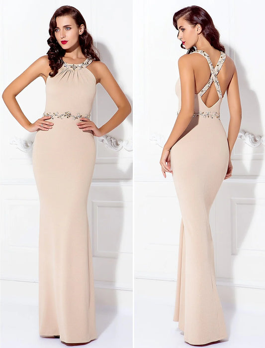 Sheath / Column Beautiful Back Dress Wedding Guest Floor Length Sleeveless Halter Spandex Crisscross Back with Beading