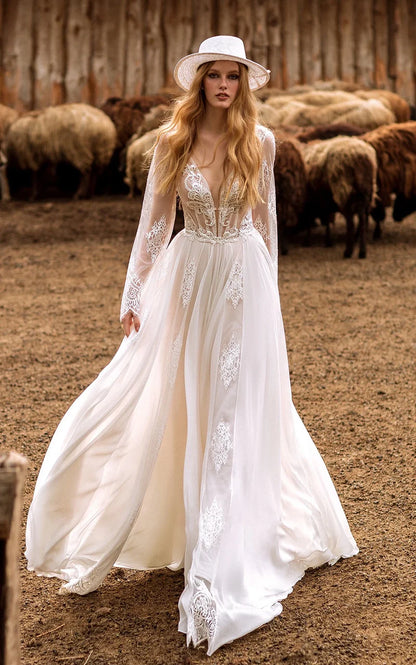 A-Line Boho Lace Wedding Dress with Sleeves Plunging Neckline Sweep Train