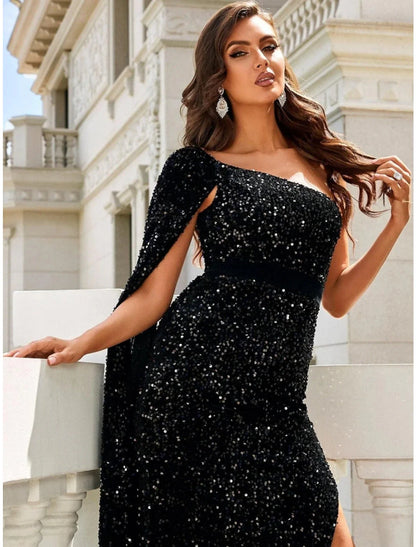 Mermaid / Trumpet Evening Gown Black Elegant Dress Formal Ankle Length Sleeveless One Shoulder Sequined with Glitter Slit