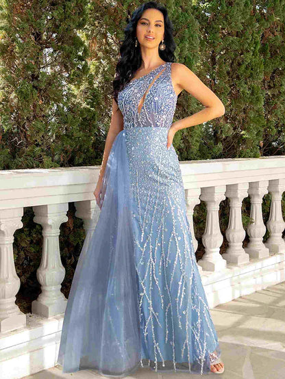 Mermaid / Trumpet Evening Gown Cut Out Dress Wedding Party Floor Length Sleeveless One Shoulder Tulle with Sequin