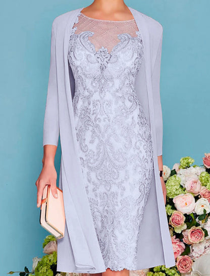 Two Piece Sheath Champagne Mother of the Bride Dress Formal Wedding Guest Church Elegant Jewel Neck Knee Length Chiffon Lace 3/4 Length Sleeve Wrap Included Jacket Dresses with Beading Appliques