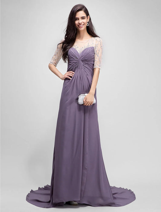 A-Line Mother of the Bride Dress Elegant Scoop Neck Floor Length Chiffon Half Sleeve No with Criss Cross Beading