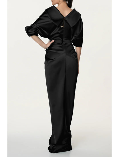 A-Line Evening Gown Black Dress Elegant Dress Formal Fall Sweep / Brush Train Half Sleeve V Neck Satin with Ruched Slit