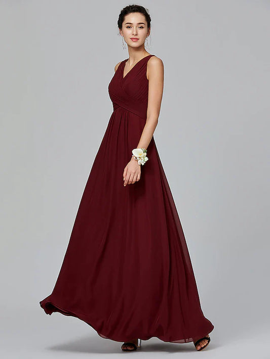 A-Line Bridesmaid Dress V Neck Sleeveless Floor Length Chiffon with Criss Cross / Side Draping