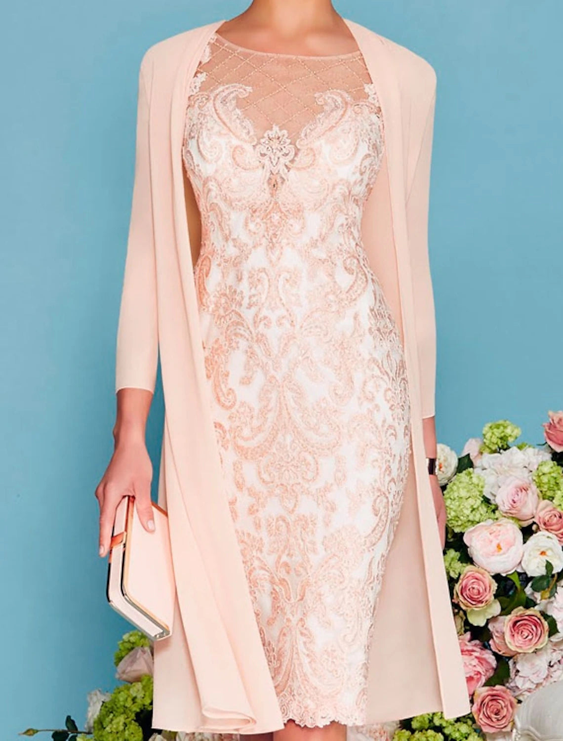 Two Piece Sheath Champagne Mother of the Bride Dress Formal Wedding Guest Church Elegant Jewel Neck Knee Length Chiffon Lace 3/4 Length Sleeve Wrap Included Jacket Dresses with Beading Appliques