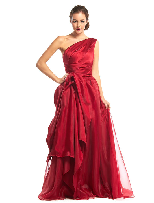 A-Line Elegant Prom Formal Evening Dress One Shoulder Sleeveless Floor Length Organza with Side Draping