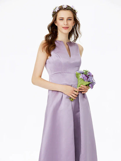 A-Line Bridesmaid Dress Notched Sleeveless Elegant Floor Length Satin with Pleats / Pocket