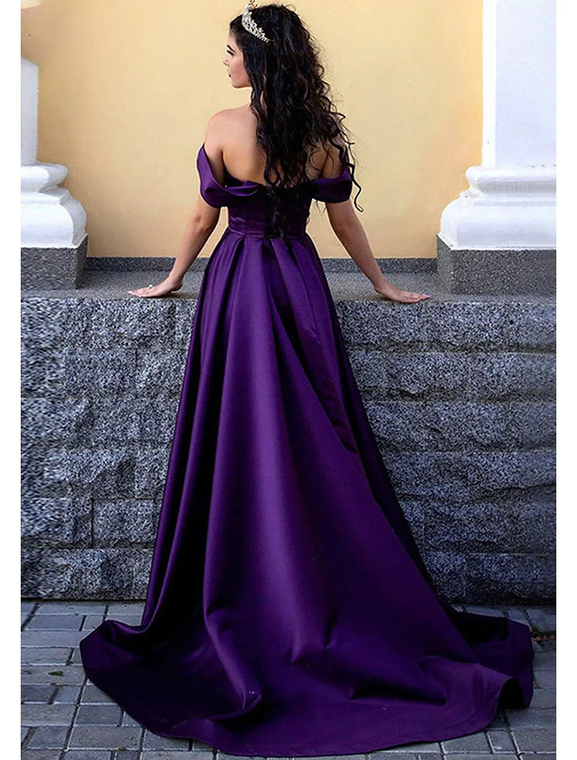 A-Line Prom Dresses Princess Dress Formal Sweep / Brush Train Sleeveless Off Shoulder Satin with Pleats Slit