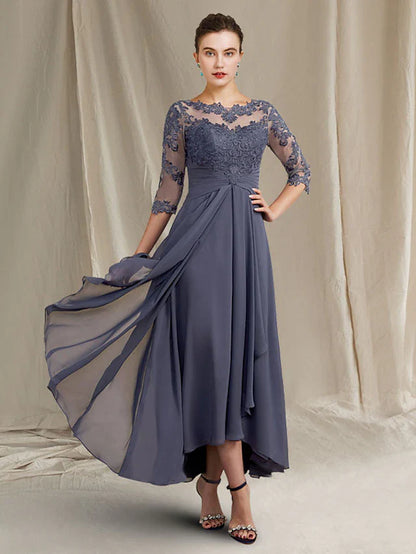 A-Line Mother of the Bride Dress Plus Size Elegant High Low Jewel Neck Asymmetrical Tea Length Chiffon Lace Half Sleeve with Ruched Appliques