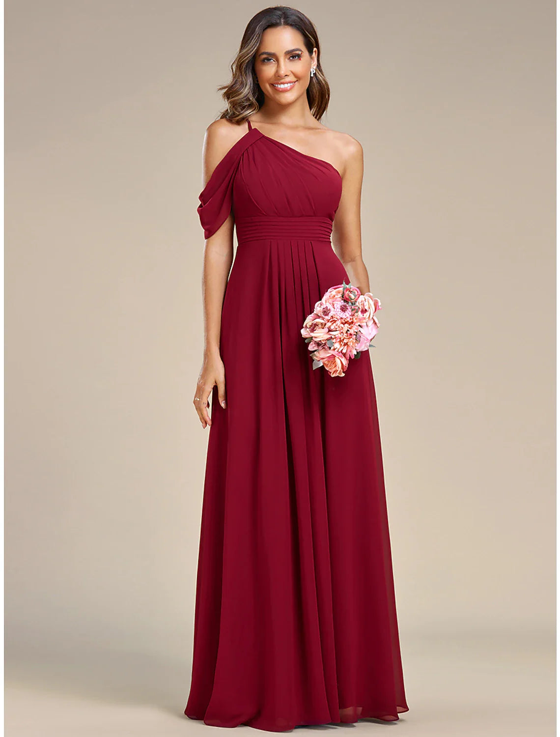 A-Line Wedding Guest Dresses Elegant Dress Formal Wedding Floor Length Sleeveless One Shoulder Chiffon with Ruched Slit