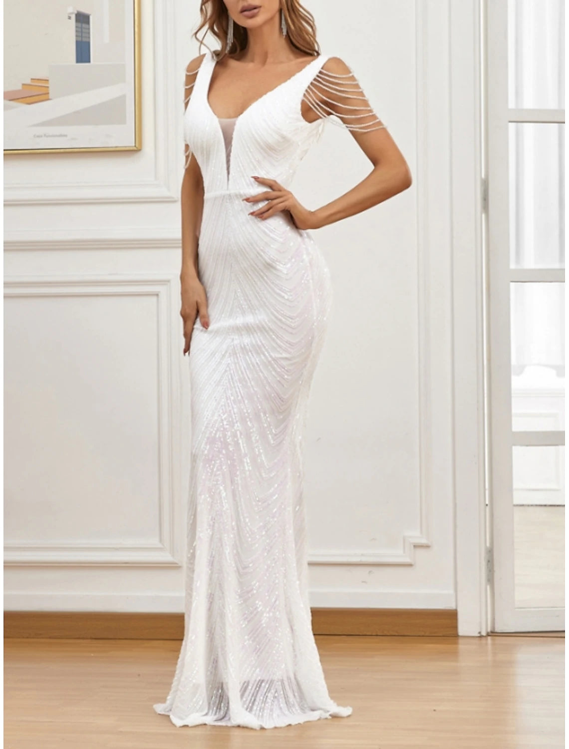 Mermaid / Trumpet Evening Gown Sparkle & Shine Dress Formal Wedding Guest Sweep / Brush Train Sleeveless V Neck Sequined