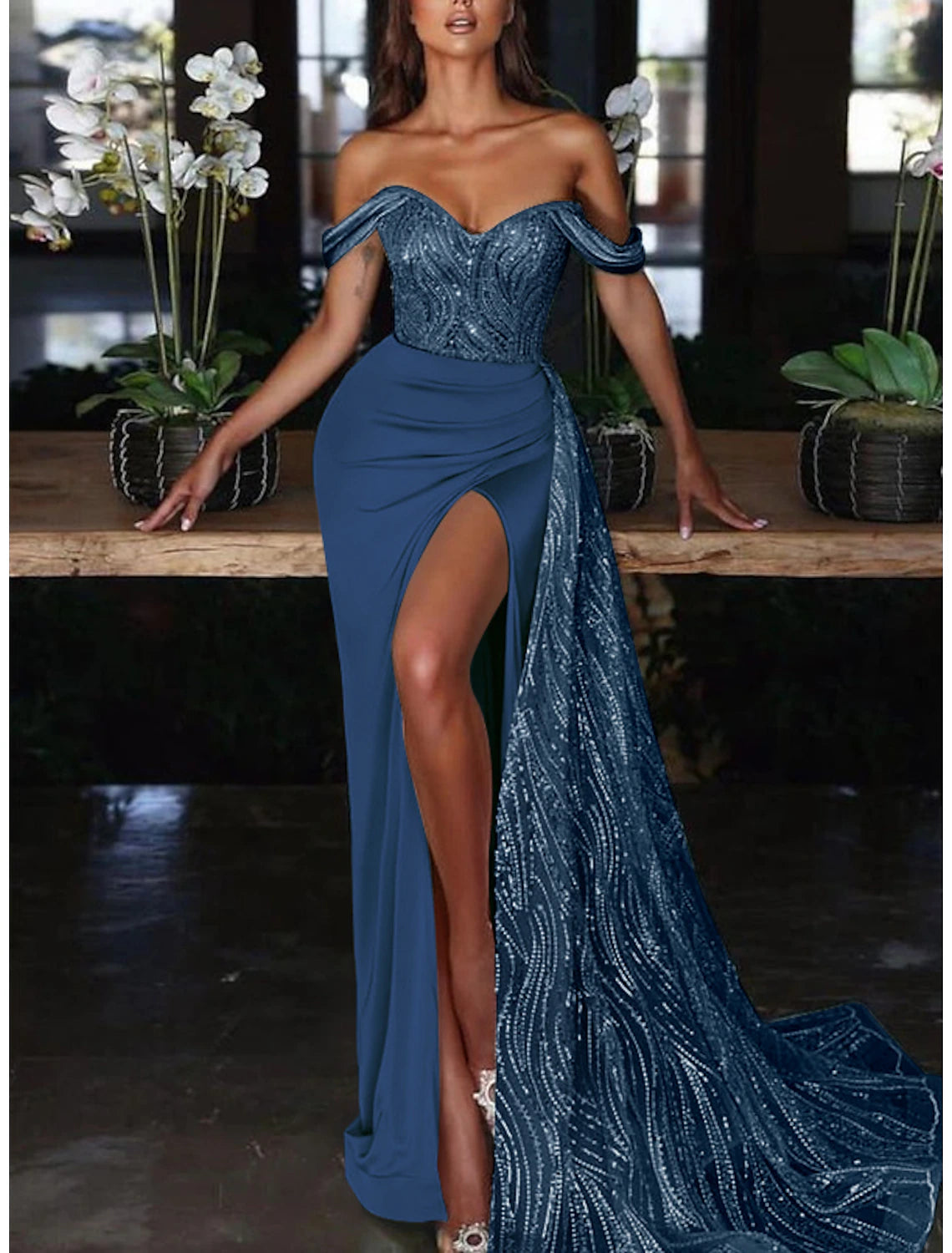 Mermaid Dress Evening Gown  Wedding Guest Court Train Sleeveless Off Shoulder Charmeuse with Ruched Sequin Slit