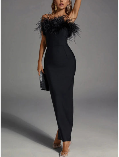 Sheath / Column Black Evening Gowns Elegant Dress Strapless Stretch Fabric with Feather Slit