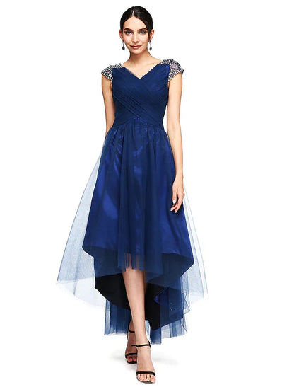 A-Line Special Occasion Dresses Open Back Dress Wedding Guest Asymmetrical Short Sleeve V Neck Tulle with Criss Cross Beading