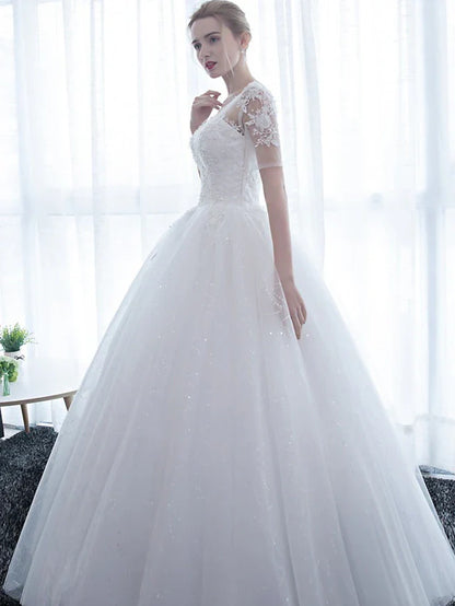 Engagement Formal Wedding Dresses Floor Length Ball Gown Half Sleeve Illusion Neck Satin With Lace