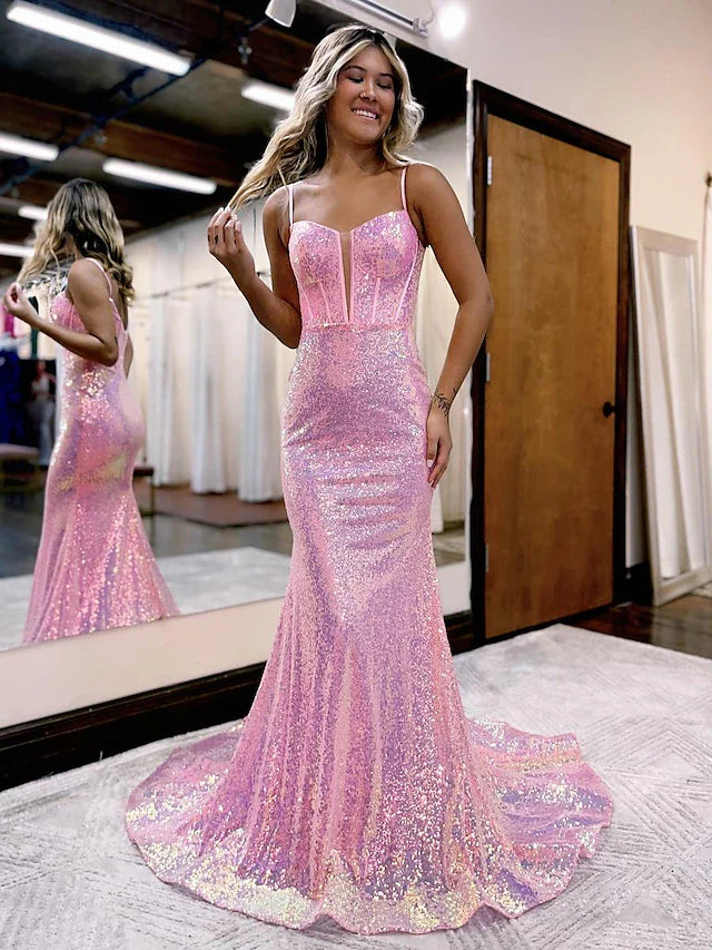 Mermaid / Trumpet Prom Dresses Sparkle & Shine Dress Formal Court Train Sleeveless Spaghetti Strap Sequined V Back with Sequin