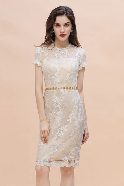 Sheath Jewel Tulle Lace Beadings Mother of Bride Dress with Short Sleeves