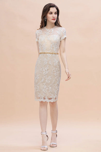 Sheath Jewel Tulle Lace Beadings Mother of Bride Dress with Short Sleeves