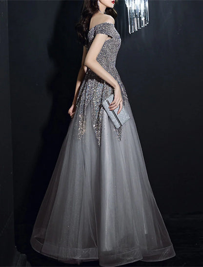 A-Line Prom Dresses Elegant Dress Formal Floor Length Short Sleeve Off Shoulder Polyester with Sequin