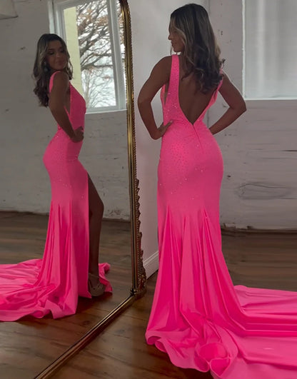 Sparkly Backless Beaded Mermaid Long Prom Dress With Slit