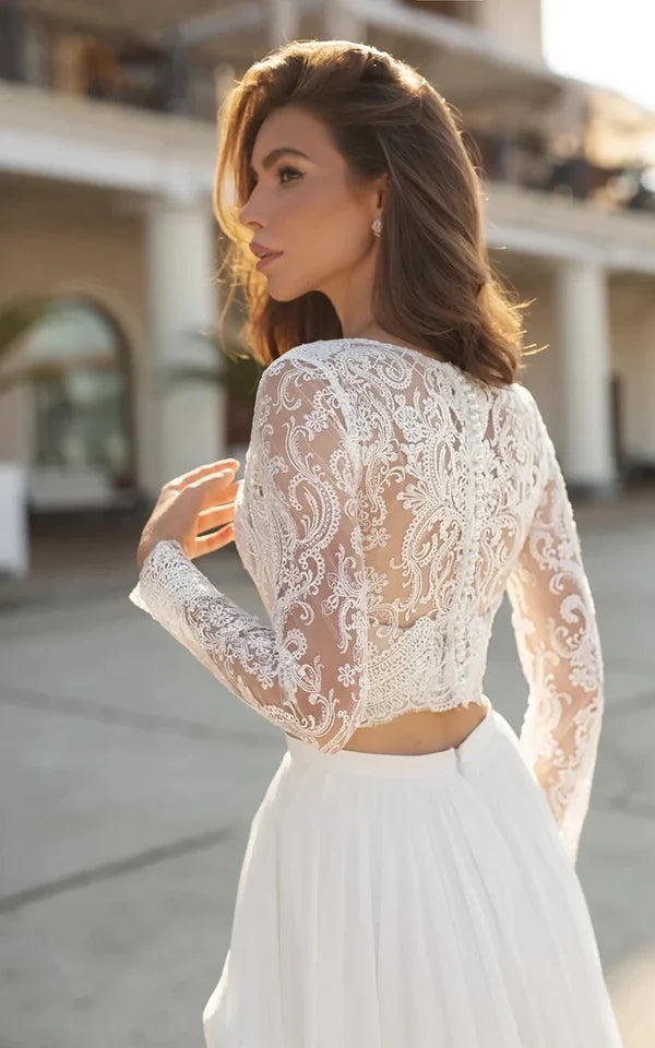 Two Piece Sexy V-neck Bridal Gown Chiffon with Beach Sweep Train Lace Long Sleeve