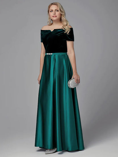 A-Line Special Occasion Dresses Elegant Dress Wedding Guest Floor Length Short Sleeve Off Shoulder Satin with Crystals