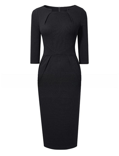 Party Dress Bodycon Cotton Ruched Crew Neck 3/4 Length Sleeve Midi Dress Office Vacation