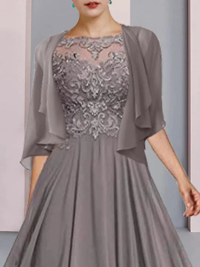 A-Line Mother of the Bride Dress Formal Wedding Guest Elegant Scoop Neck Floor Length Chiffon Lace Half Sleeve Wrap Included with Pleats Beading Appliques