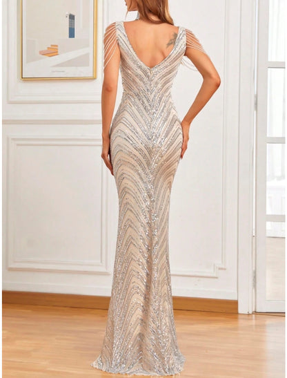 Mermaid / Trumpet Evening Gown Sparkle & Shine Dress Formal Wedding Guest Sweep / Brush Train Sleeveless V Neck Sequined