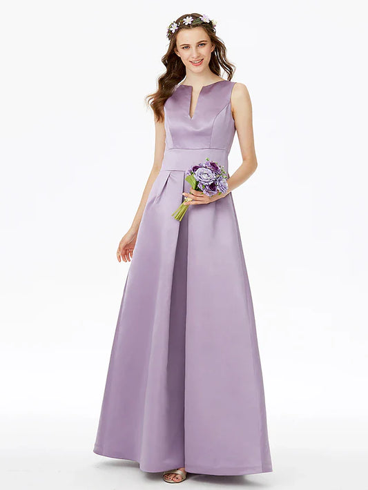 A-Line Bridesmaid Dress Notched Sleeveless Elegant Floor Length Satin with Pleats / Pocket