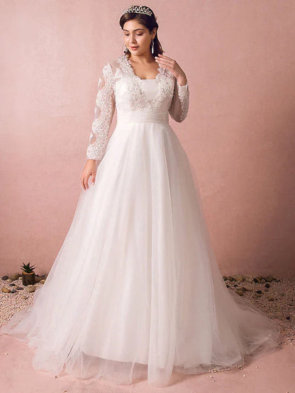 Hall Sparkle & Shine Wedding Dresses Court Train A-Line Long Sleeve Illusion Neck Satin With Buttons Ruched