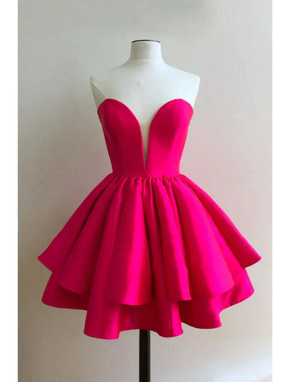 A-Line Homecoming Dresses Princess Dress Graduation Short / Mini Sleeveless Sweetheart Barbiecore Satin Backless with Ruffles