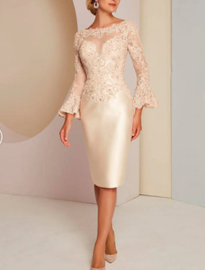 Sheath / Column Mother of the Bride Dress Wedding Guest Elegant Vintage Luxurious Jewel Neck Knee Length Satin Lace Long Sleeve with Beading Appliques