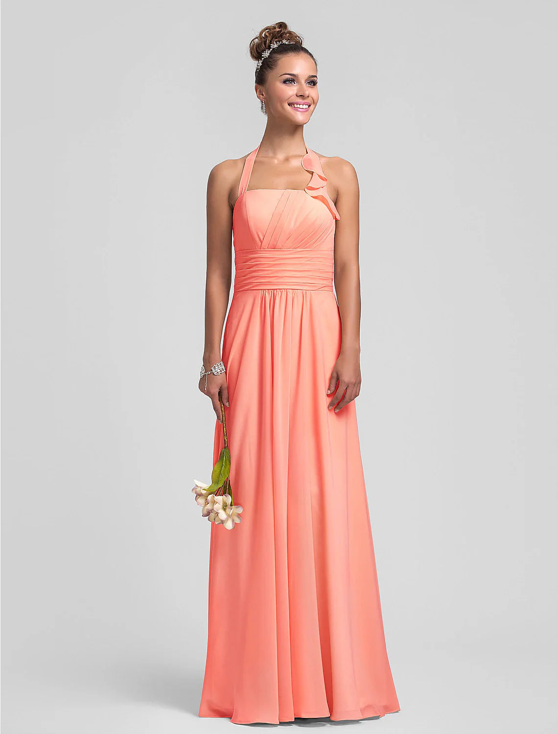 Sheath / Column Bridesmaid Dress Halter Neck Sleeveless Floor Length Chiffon with Pleats / Ruched / Ruffles