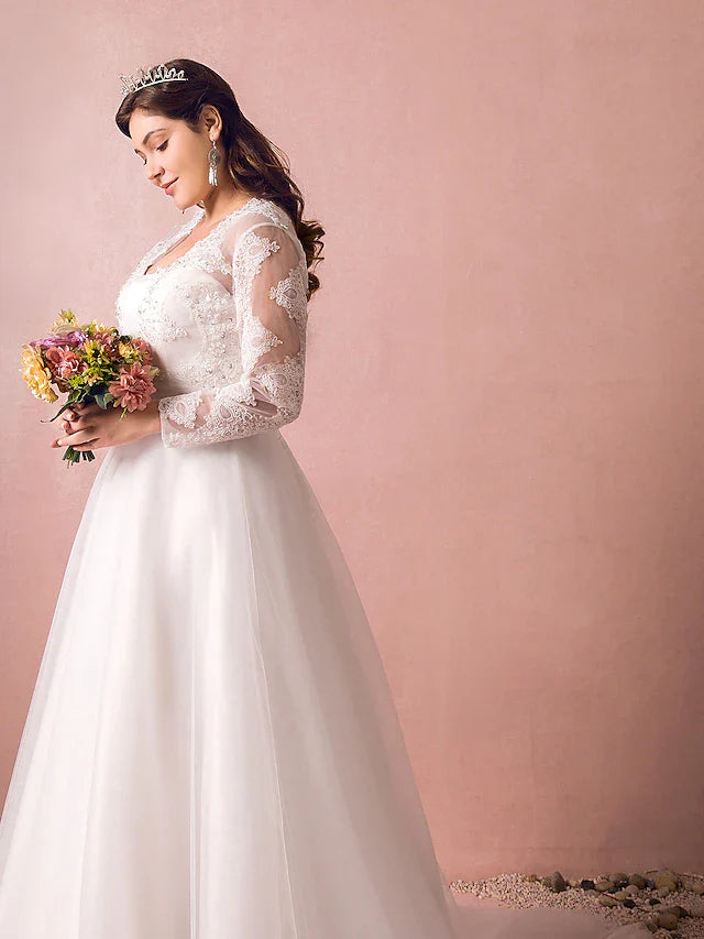 Hall Sparkle & Shine Wedding Dresses Court Train A-Line Long Sleeve Illusion Neck Satin With Buttons Ruched