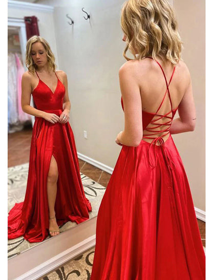 A-Line Prom Dresses Sexy Dress Formal Sweep / Brush Train Sleeveless V Neck Imitation Silk Backless with Slit