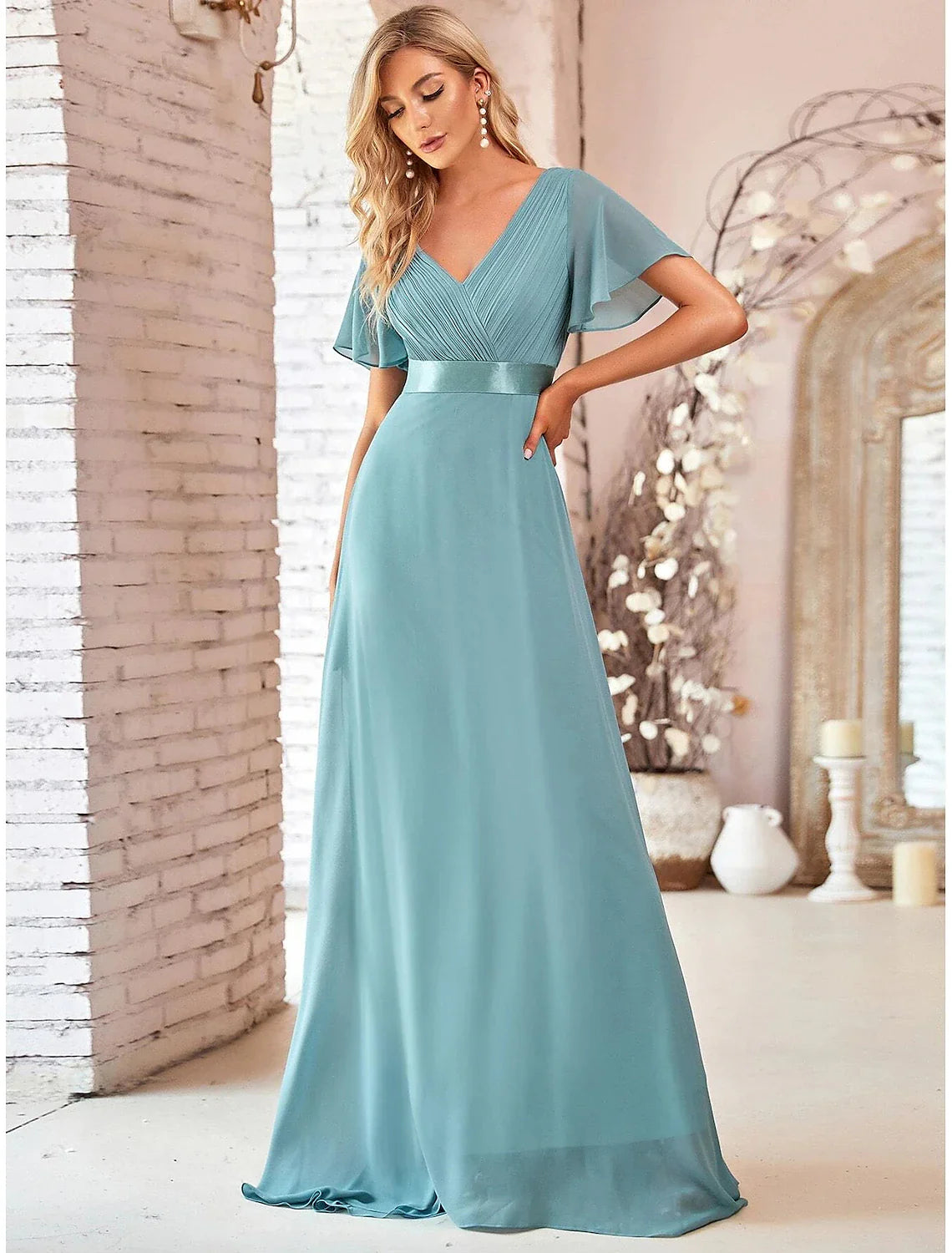 A-Line Evening Gown Party Dress Empire Dress Wedding Guest Formal Evening Floor Length Short Sleeve V Neck Bridesmaid Dress Chiffon V Back with Ruffles Pure Color