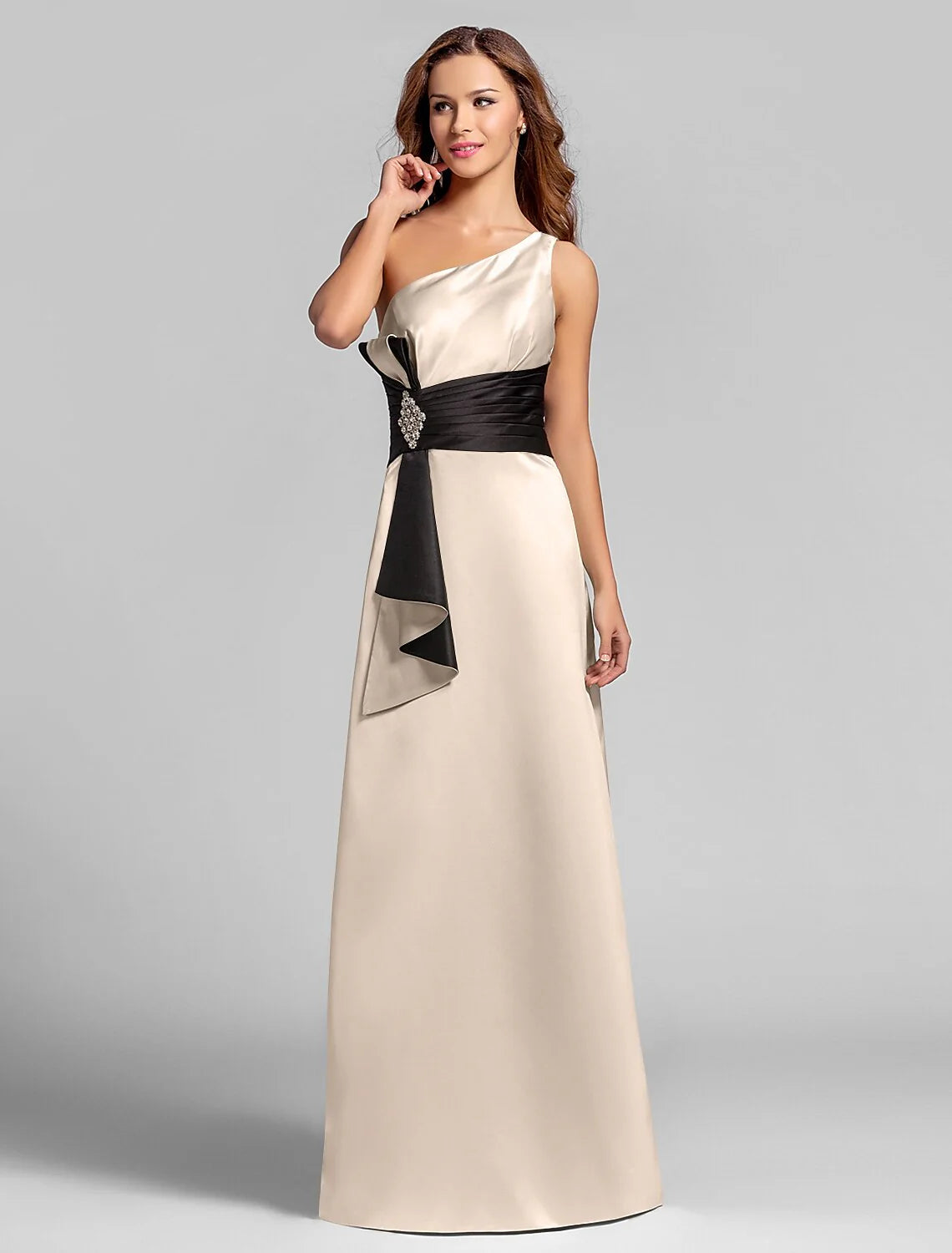 A-Line One Shoulder Floor Length Satin Bridesmaid Dress with Crystal Brooch