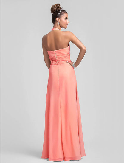 Sheath / Column Bridesmaid Dress Halter Neck Sleeveless Floor Length Chiffon with Pleats / Ruched / Ruffles